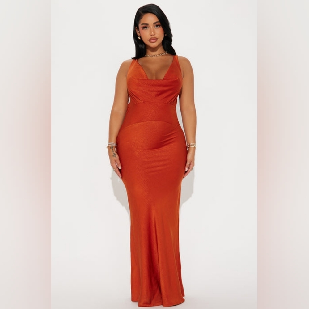 Fashion Nova Adele Cowl Back Satin Gown - Rust S